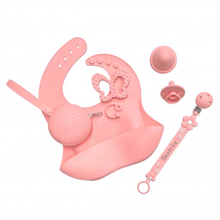 Pacifier chain in silicone FLAT DAISY PASTEL PINK with name, hook/adapter pacifier MAM/CHICCO
