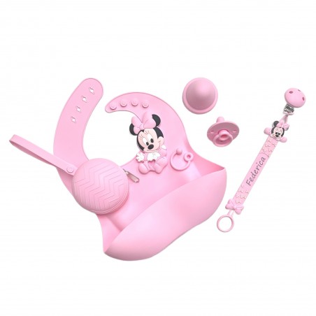 Pacifier chain in silicone FLAT MINNIE MOUSE LIGHT PINK with name, hook/adapter pacifier MAM/CHICCO