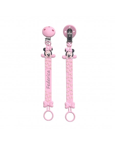 Catenella portaciuccio FLAT MINNIE ROSA CHIARO in silicone con nome, gancio/adattatore ciuccio MAM/CHICCO