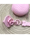 Chaîne de tétine FLAT MINNIE MOUSE ROSE CLAIR en silicone avec nom, crochet/adaptateur de tétine MAM/CHICCO