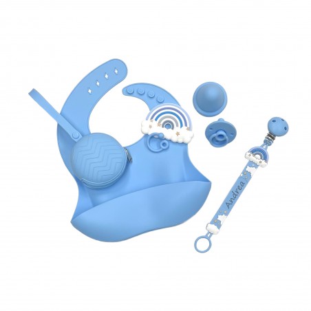 Pacifier chain in silicone FLAT RAINBOW BLUE with name, hook / adapter pacifier MAM and CHICCO