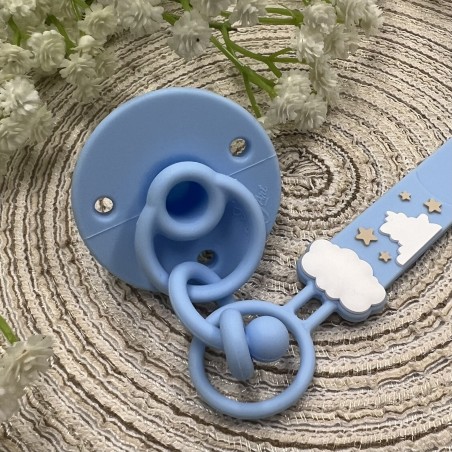 Pacifier chain in silicone FLAT RAINBOW BLUE with name, hook / adapter pacifier MAM and CHICCO
