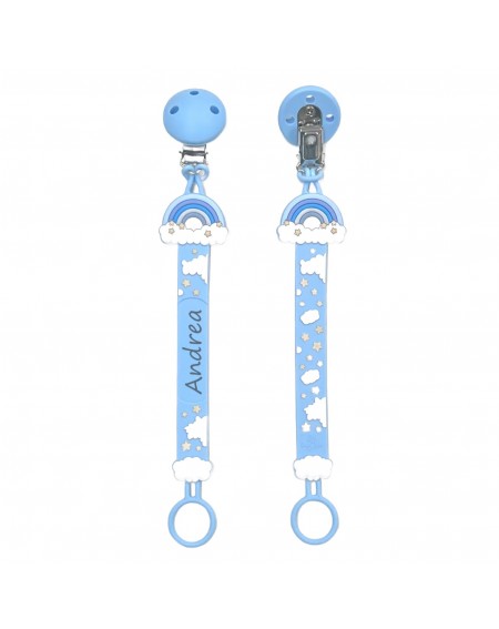 Catenella portaciuccio FLAT ARCOBALENO AZZURRO in silicone con nome, gancio/adattatore ciuccio MAM e CHICCO