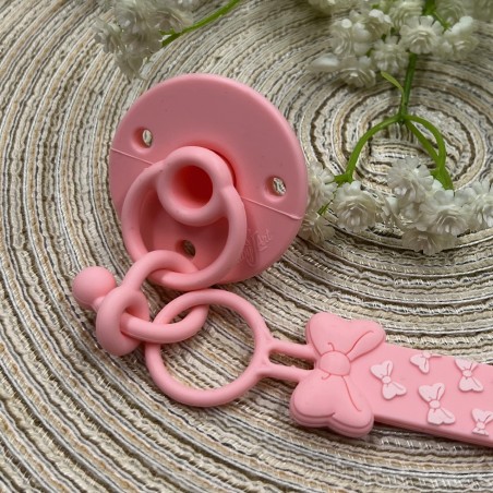 Catenella portaciuccio FLAT MINNIE ROSA PASTELLO in silicone con nome, gancio/adattatore ciuccio MAM/CHICCO