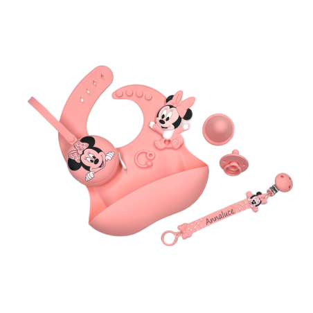 Catenella portaciuccio FLAT MINNIE ROSA PASTELLO in silicone con nome, gancio/adattatore ciuccio MAM/CHICCO