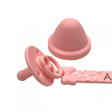 Catenella portaciuccio FLAT MINNIE ROSA PASTELLO in silicone con nome, gancio/adattatore ciuccio MAM/CHICCO
