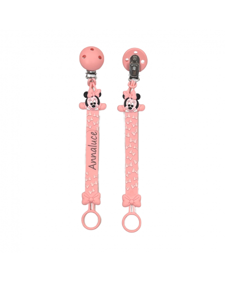 Catenella portaciuccio FLAT MINNIE ROSA PASTELLO in silicone con nome, gancio/adattatore ciuccio MAM/CHICCO