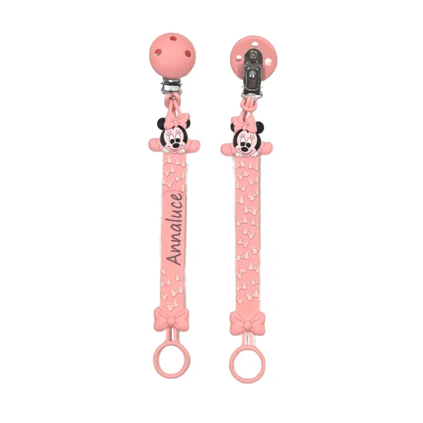 Pacifier chain in silicone FLAT MINNIE MOUSE PASTEL PINK with name, hook/adapter pacifier MAM/CHICCO