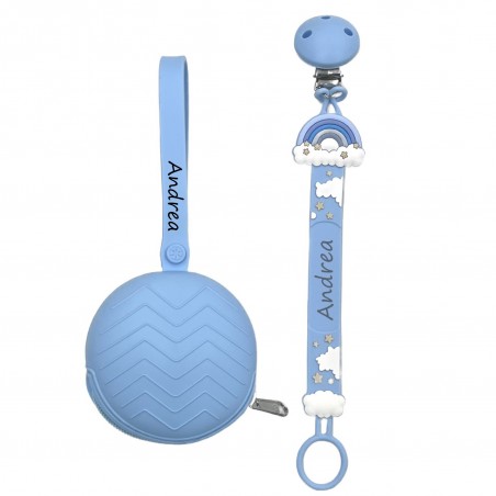 Catenella portaciuccio FLAT ARCOBALENO AZZURRO in silicone con nome, gancio/adattatore ciuccio MAM e CHICCO