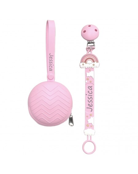 Catenella portaciuccio FLAT ARCOBALENO ROSA in silicone con nome, gancio/adattatore ciuccio MAM e CHICCO 2