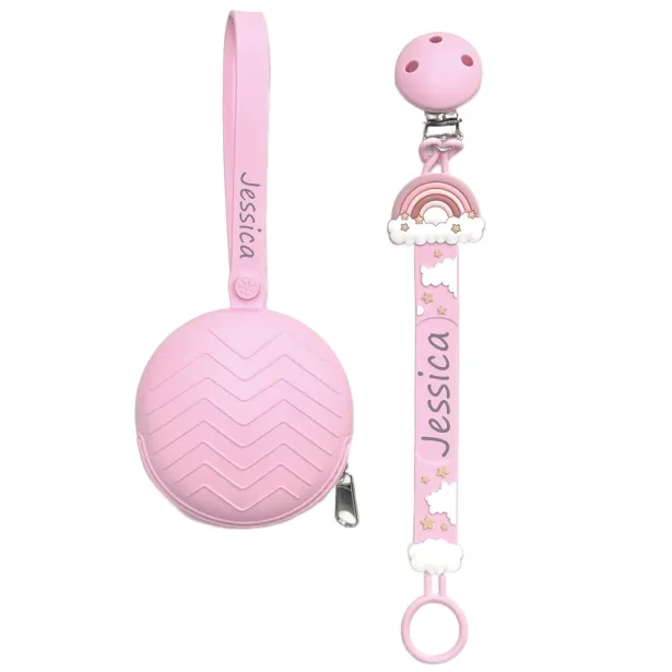 Catenella portaciuccio FLAT ARCOBALENO ROSA in silicone con nome, gancio/adattatore ciuccio MAM e CHICCO