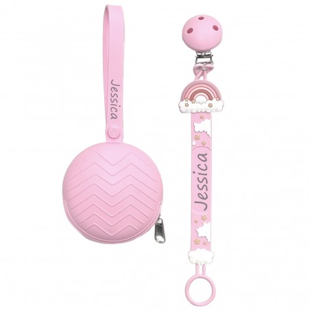 Pacifier chain in silicone FLAT RAINBOW PINK with name, hook / adapter pacifier MAM and CHICCO