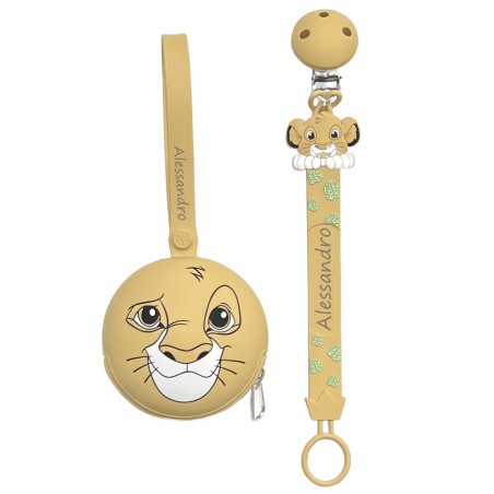Pacifier chain in silicone FLAT LION NATURAL with name, hook / adapter pacifier MAM and CHICCO