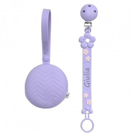 Pacifier chain in silicone FLAT DAISY WISTERIA with name, hook/adapter pacifier MAM/CHICCO