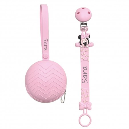 Pacifier chain in silicone FLAT MINNIE MOUSE LIGHT PINK with name, hook/adapter pacifier MAM/CHICCO