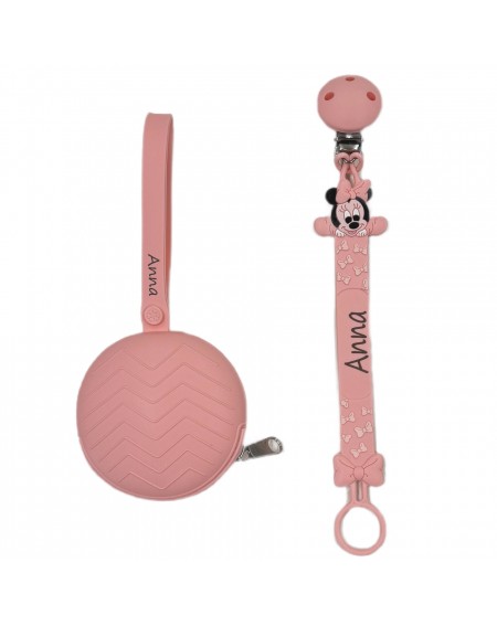Catenella portaciuccio FLAT MINNIE ROSA PASTELLO in silicone con nome, gancio/adattatore ciuccio MAM/CHICCO 2