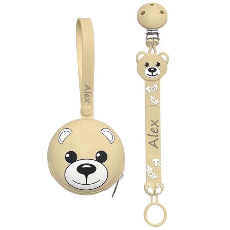 Pacifier chain in silicone FLAT MOSCHINO with name, hook / adapter pacifier MAM and CHICCO