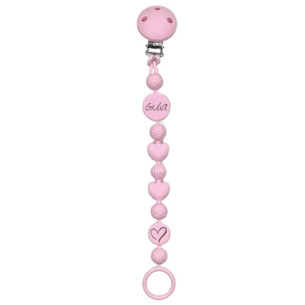 Catenella portaciuccio BUBBLE ROSA CHIARO in silicone con nome, gancio/adattatore ciuccio MAM e CHICCO