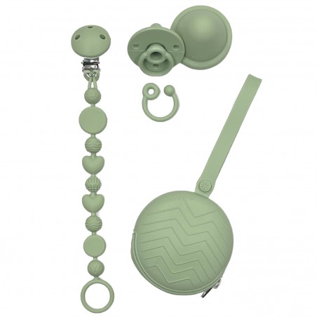 Catenella portaciuccio BUBBLE SALVIA in silicone con nome, gancio/adattatore ciuccio MAM e CHICCO