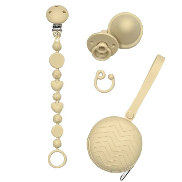 Catenella portaciuccio BUBBLE BEIGE in silicone con nome, gancio/adattatore ciuccio MAM e CHICCO