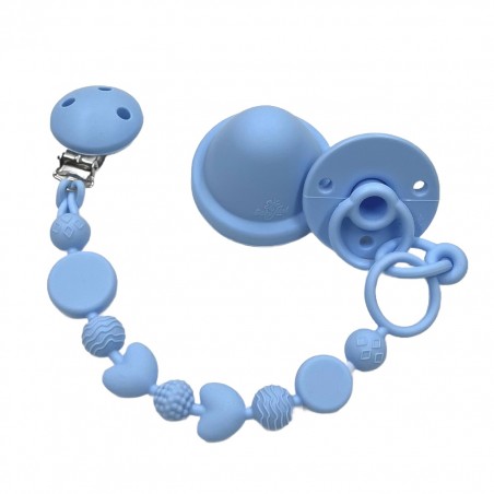 Catenella portaciuccio BUBBLE AZZURRO PASTELLO in silicone con nome, gancio/adattatore ciuccio MAM e CHICCO