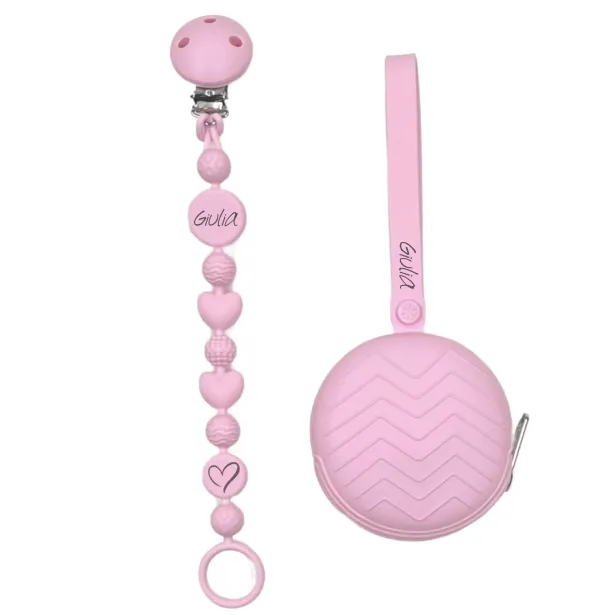 Cadeia de chupeta BUBBLE ROSA CLARO de silicone com nome, adaptador / gancho de chupeta MAM e CHICCO