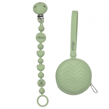 Chaîne de tétine BUBBLE SAUGE en silicone avec nom, crochet / adaptateur de tétine MAM et CHICCO