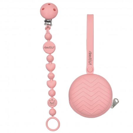 Catenella portaciuccio BUBBLE ROSA PASTELLO in silicone con nome, gancio/adattatore ciuccio MAM e CHICCO