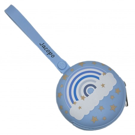 PERSONALIZE Porta-chupeta redondo com corrente ARCO-ÍRIS AZUL PASTEL