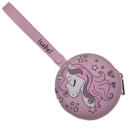 PERSONALIZE Porta-chupeta redondo com corrente UNICÓRNIO ROSA CLARO