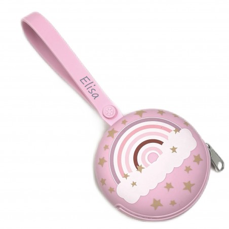 PERSONALIZE Porta-chupeta redondo com corrente ARCO-ÍRIS ROSA CLARO