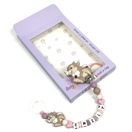 Babyjart silicone dummy chain PRESTIGE MISS TAMBURINA with name, hook/adapter pacifier MAM and CHICCO