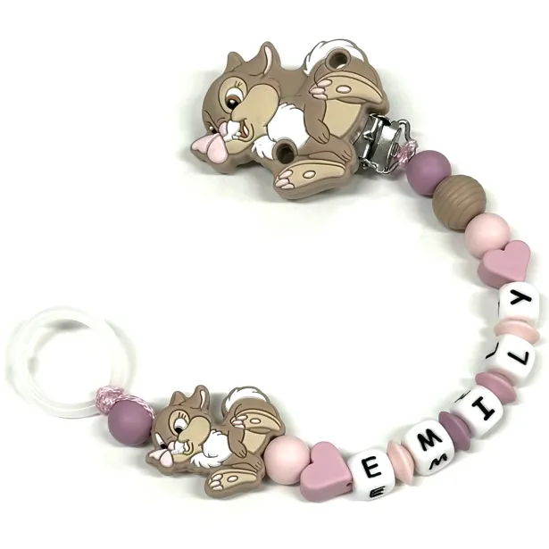 Babyjart Catenella portaciuccio PRESTIGE MISS TAMBURINA in silicone con nome, gancio/adattatore ciuccio MAM e CHICCO