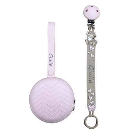 Catenella portaciuccio FLAT MISS TAMBURINA TORTORA in silicone con nome, gancio/adattatore ciuccio MAM/CHICCO