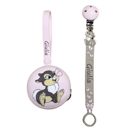 Catenella portaciuccio FLAT MISS TAMBURINA TORTORA in silicone con nome, gancio/adattatore ciuccio MAM/CHICCO