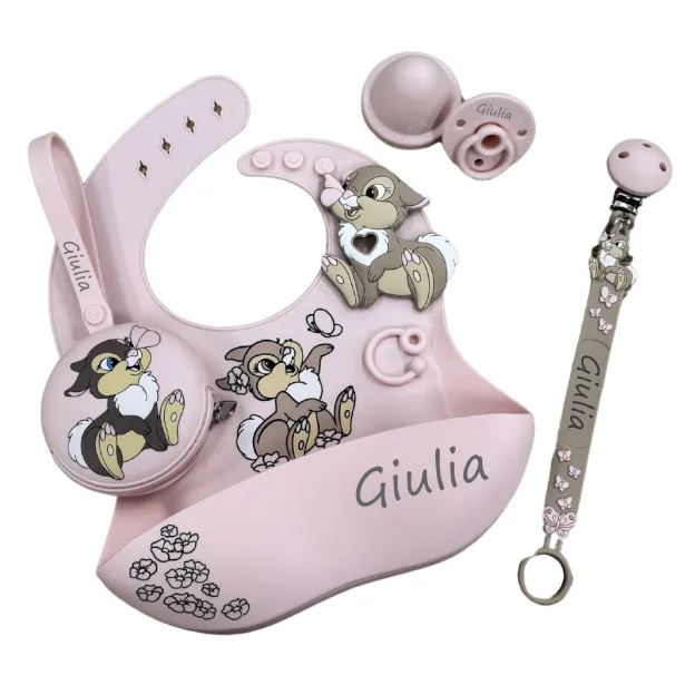 Cadena de chupete FLAT MISS TAMBURINA GRIS PARDO de silicona para chupete con nombre, gancho/adaptador para chupete MAM/CHICCO