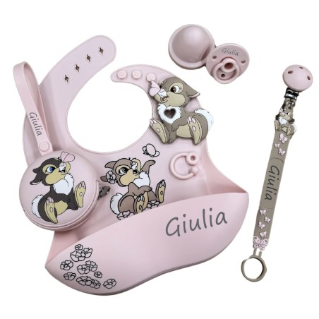 Catenella portaciuccio FLAT MISS TAMBURINA TORTORA in silicone con nome, gancio/adattatore ciuccio MAM/CHICCO