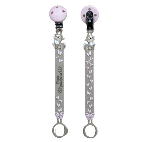 Catenella portaciuccio FLAT MISS TAMBURINA TORTORA in silicone con nome, gancio/adattatore ciuccio MAM/CHICCO