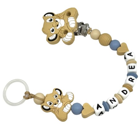 Babyjart Catenella portaciuccio PRESTIGE LEONE in silicone con nome, gancio/adattatore ciuccio MAM e CHICCO