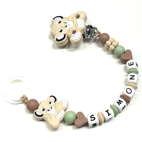 Babyjart Catenella portaciuccio PRESTIGE LEONE in silicone con nome, gancio/adattatore ciuccio MAM e CHICCO