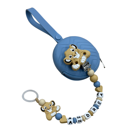 Babyjart Catenella portaciuccio PRESTIGE LEONE in silicone con nome, gancio/adattatore ciuccio MAM e CHICCO