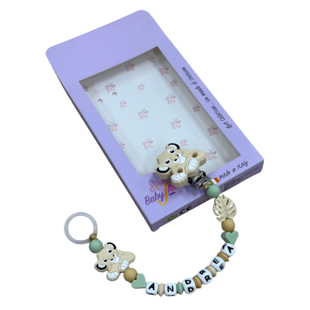 Babyjart Catenella portaciuccio PRESTIGE LEONE in silicone con nome, gancio/adattatore ciuccio MAM e CHICCO