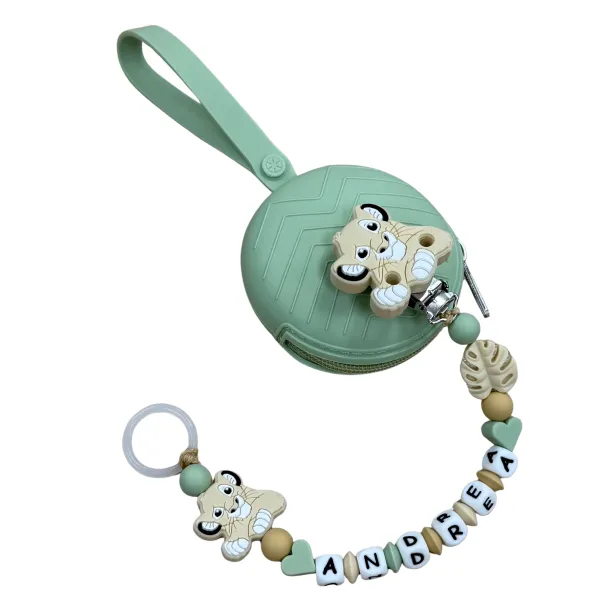 Babyjart Chaîne de tétine PRESTIGE LION en silicone avec nom, crochet / adaptateur de tétine MAM et CHICCO