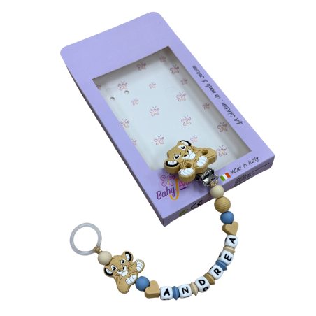 Babyjart Silikonschnullerkette PRESTIGE LÖWE mit Name, Haken / Adapter Schnuller MAM und CHICCO