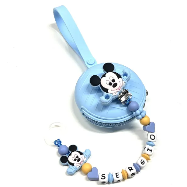 Babyjart Cadena PRESTIGE MICKEY MOUSE de silicona para chupete con nombre, gancho/adaptador para chupete mam y modelo de chicco