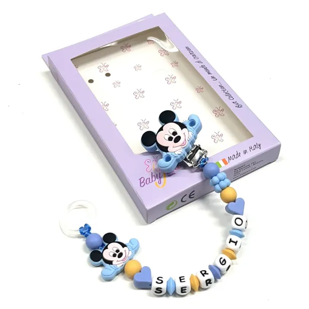 Babyjart Cadena PRESTIGE MICKEY MOUSE de silicona para chupete con nombre, gancho/adaptador para chupete mam y modelo de chicco