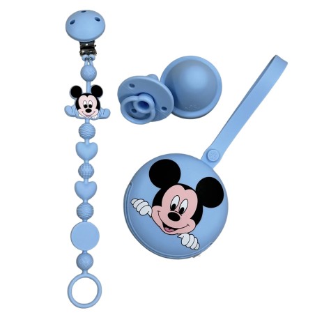 Chaîne de tétine BUBBLE CHARM MICKEY MOUSE BLEU PASTEL en silicone avec nom