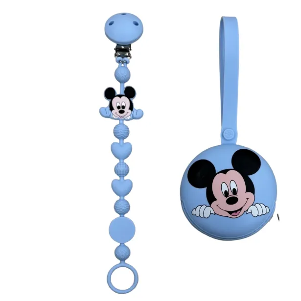 Chaîne de tétine BUBBLE CHARM MICKEY MOUSE BLEU PASTEL en silicone avec nom