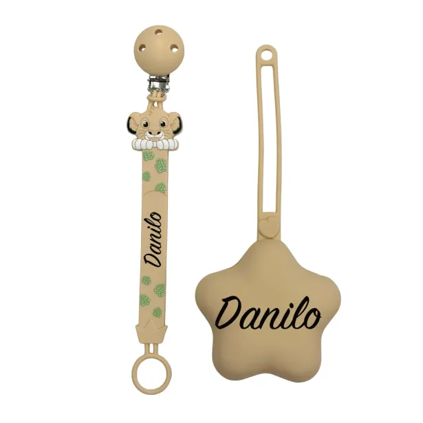 Personalized Flat Pacifier Clip with Name – Beige Lion | BABYJART®