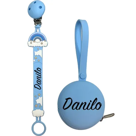 Cadena para Chupete Flat Arcoíris Azul Pastel con Nombre | BABYJART®